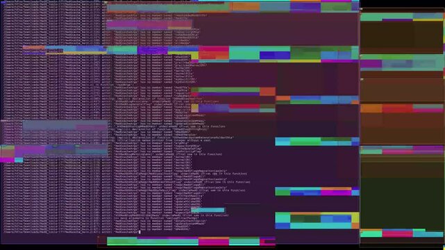 Running text with multicolored glitch effect. Hacker code.