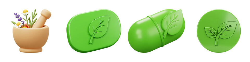 Set of Herbal Medicine Icons Isolated on Transparent Background