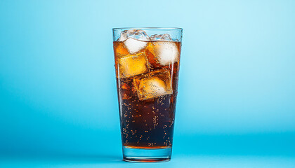 Soda water with ice cubes in glass on blue background