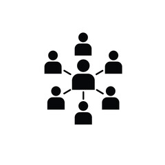 Abstract icon depicting centralized network of connected individuals on white background