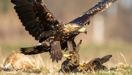 Golden eagle with rabbit prey in claws in the field hunting for food and bringing it to the nest in the wilderness