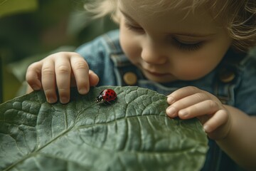A curious toddler gently observes a ladybug crawling on a large green leaf.