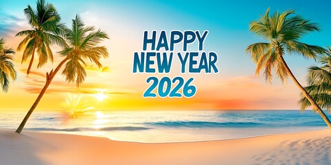 Fototapeta premium Happy New Year 2026 Tropical Beach Sunset Image Background Wallpaper