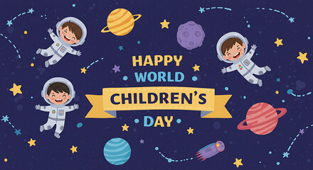 world children's day with a fun cartoon vector illustration of stars, moon, planet, and astronaut elements against a night sky