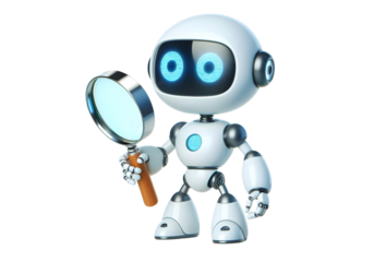 AI Robot Character in Holding a magnifying glass poses Friendly isolated on white background