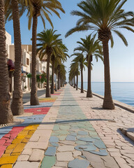 summer landscape, palm tree, palm tree boulevard, tropical road, summer boulevard, vacation destination, exotic villas, luxury villas, palm-lined street, tropical landscape, sunny day, summer travel, 