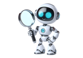 AI Robot Character in Holding a magnifying glass poses Friendly isolated on white background