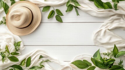 Natural flat lay with straw hat and green leaves over white wooden background