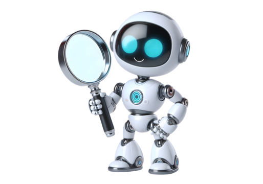 AI Robot Character in Holding a magnifying glass poses Friendly isolated on white background