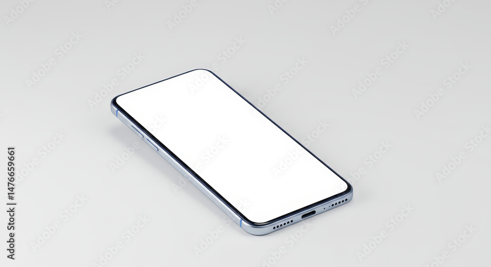 Poster isolated smartphone device with blank white screen displayed on light grey background