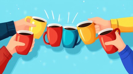 Cartoon Style Illustration of People Toasting Coffee Mugs in Celebration on a Light Blue Background
