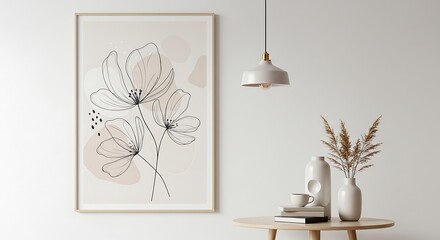 Abstract Floral Line Art Print Decorates Minimalist Room, Featuring Neutral Tones and Simple Design Elements.