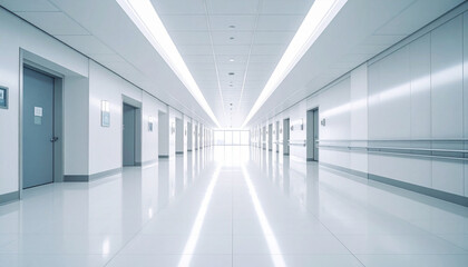 Naklejka premium Bright and spacious hospital corridor with large windows and indoor plants. Modern healthcare architecture with clean white interior and natural light atmosphere.
