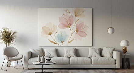 Watercolor Floral Canvas Art Decorates Modern Living Room, Featuring Beige Sofa and Stylish Accessories
