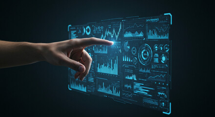 Hand interacts with a digital interface displaying charts and data visualizations for a modern, interactive technological experience.