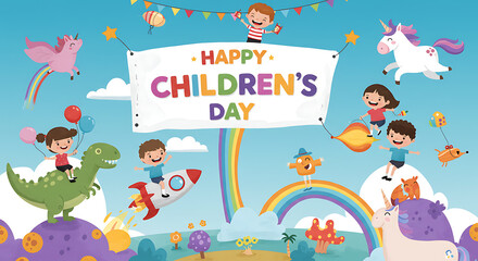 Obraz premium world children's day with a balloon and rainbow in the park, embodying childhood fun