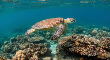 Naklejka premium Sea turtle swimming amongst vibrant coral reefs