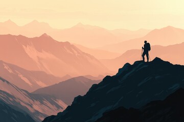 Silhouette of a hiker standing atop a mountain range at sunset, enjoying the vast landscape.