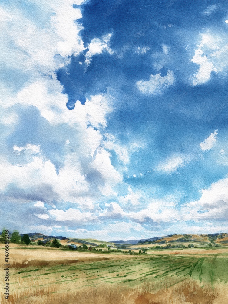 Poster vibrant watercolor depiction of a lush crop field under a bright sky with fluffy clouds in a serene 