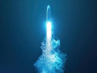 Rocket lifting off with a glowing blue trail against a clean dark background.