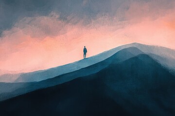 A lone figure stands atop a serene mountain range under a pastel sunset sky.