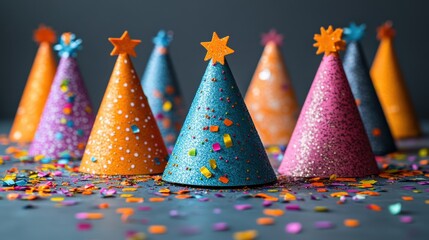 Colorful party hats surrounded by confetti on a table