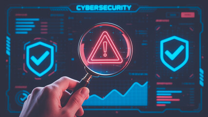 Magnifying glass highlighting a cybersecurity alert symbol on a technology interface for data protection.