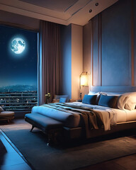 opulent bedroom, moonlit night, royal style bedroom, deluxe interior, moon over bed, dreamy atmosphere, regal furnishings, luxury linens, artistic bedroom, heritage decor, ethnic patterns, designer be