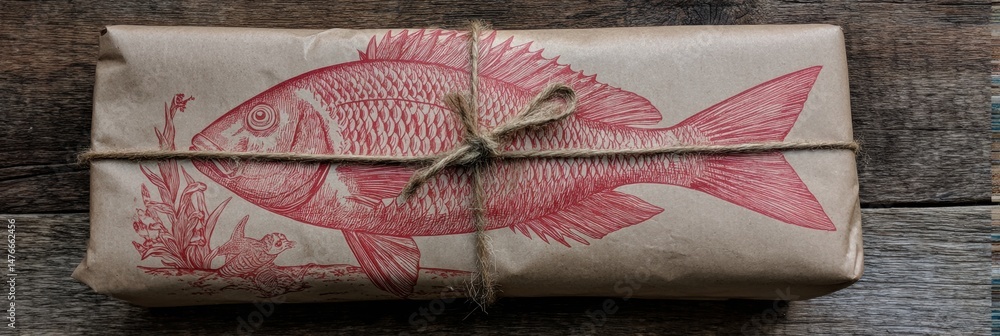 Poster red fish print on kraft paper wrap sits elegantly in a well-lit space, showcasing artistic design an