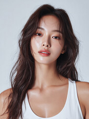 Korean Woman with Wavy Hair in White Outfit Beauty Portrait, Minimal Beauty Shoot of Asian Model with Wavy Hair in White, 20s Korean Female Beauty Stock Photo, AI Beauty Model in White Clothing, Simpl