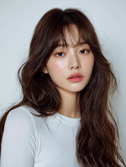 Naklejka premium Korean Woman with Wavy Hair in White Outfit Beauty Portrait, Minimal Beauty Shoot of Asian Model with Wavy Hair in White, 20s Korean Female Beauty Stock Photo, AI Beauty Model in White Clothing, Simpl
