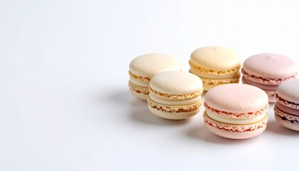 Obraz premium Delicious Pastel Macarons Sweet Treats on White Background French Bakery Dessert