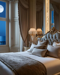 regency bedroom, glamorous bedroom, luxurious bedroom, ornate bedroom, ethnic style bedroom, moonlit bedroom, moon through window, elegant bed, carved furniture, royal bedroom, exotic bedroom, vintage