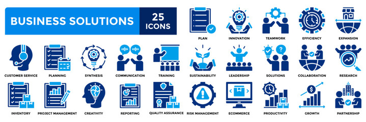 Business solutions icon collection set. Containing plan, innovation, teamwork, efficiency, expansion, solutions, collaboration icon. Simple flat vector illustration.	