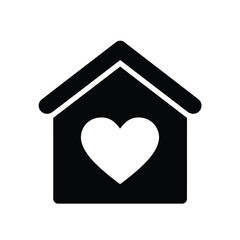 Simple black and white house icon featuring a heart symbolizing home and love