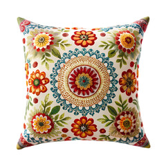 Embroidered Floral Throw Pillow Colorful Mandala Design on transparent background