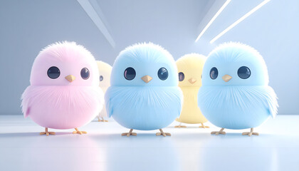 Obraz premium Fluffy Cartoon Birds with Colorful Feathers on a Branch