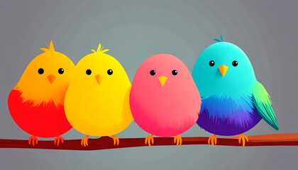 Naklejka premium Fluffy Cartoon Birds with Colorful Feathers on a Branch