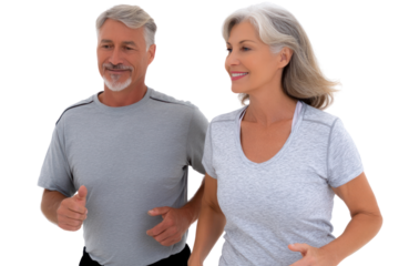 Active Seniors Jogging: A healthy, active senior couple enjoys a light jog together, showcasing vitality and fitness in later life.