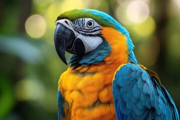 Obraz premium Colorful parrot perched on a branch in a lush tropical environment during the daytime