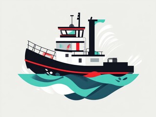 A stylized tugboat navigating stylized ocean waves in a vector art style.