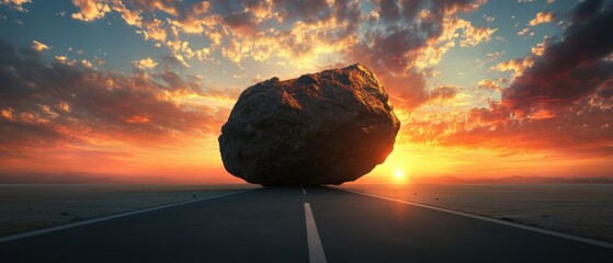 Boulder Obstruction on Road at Sunset Dramatic Sky Low Angle Shot Challenge Concept