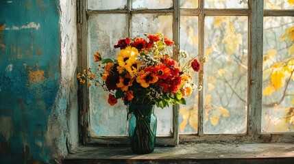 Vibrant flower bouquet on window sill with natural light