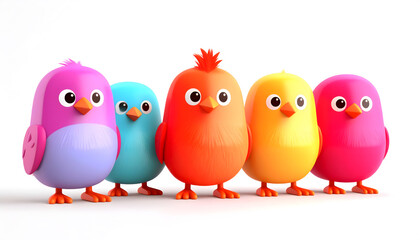 Fototapeta premium Fluffy Cartoon Birds with Colorful Feathers on a Branch