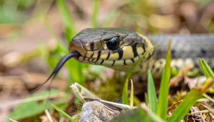 Obraz premium Grass snake with tongue out hunting prey in a natural habitat on a sunny day