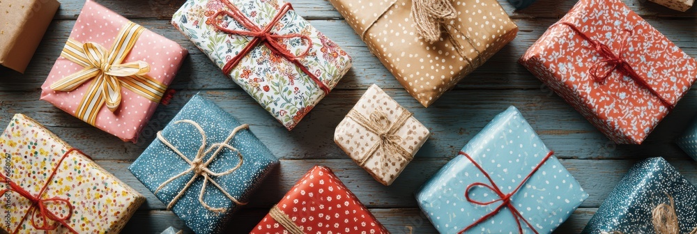 Poster colorful wrapped gifts arranged on a rustic wooden surface with a clear center space for a festive m