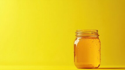 Honey jar on yellow background still life studio shot; golden liquid in glass container with water droplets, bright light minimalist style