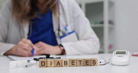 Female doctor writes prescription for Diabetes treatment near sugar cubes on desk in medical setting. Diabetes management and patients monitoring
