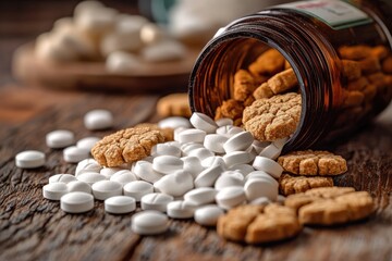 Scattered pills and cookies from a jar on a wooden table