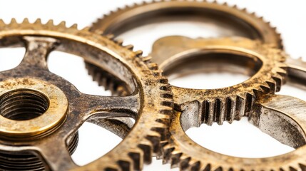 Close up view of interlocking metal gears with detailed textures and patina